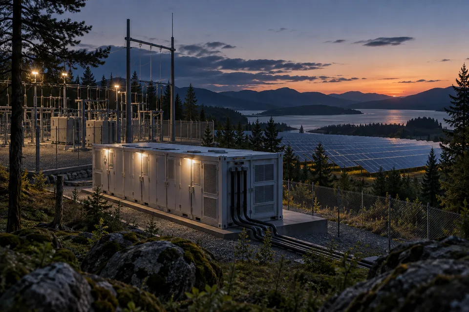 AI illustration of a fictional grid battery installation beside a changing sky