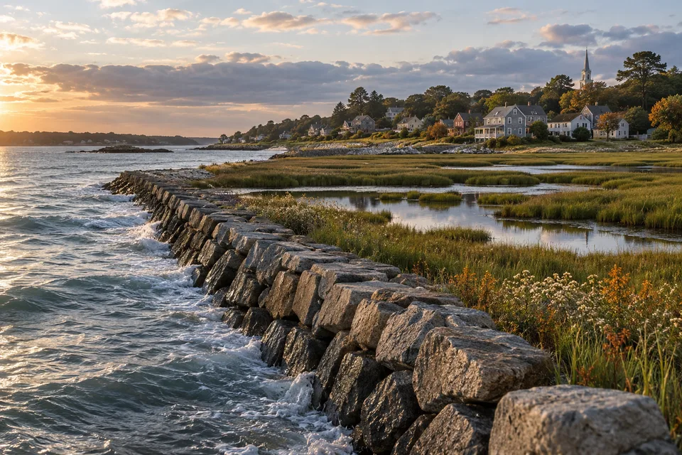 AI conceptual coastal landscape showing a seawall, waterfront buildings and land farther inland