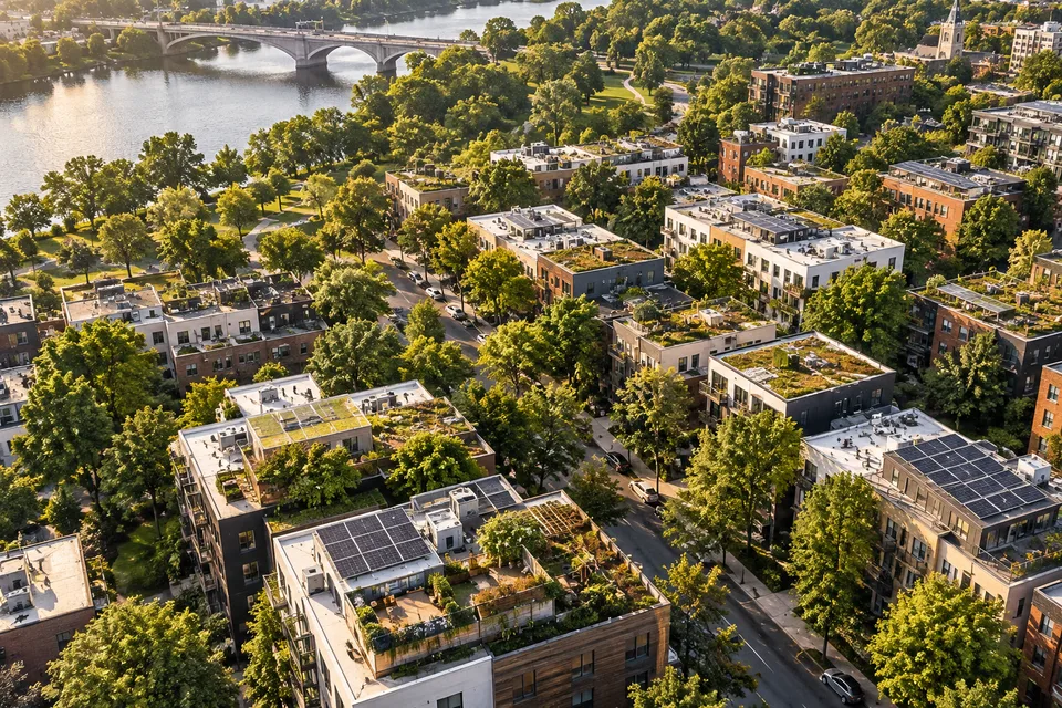 AI architectural view of reflective roofs across an imagined sunny urban neighborhood