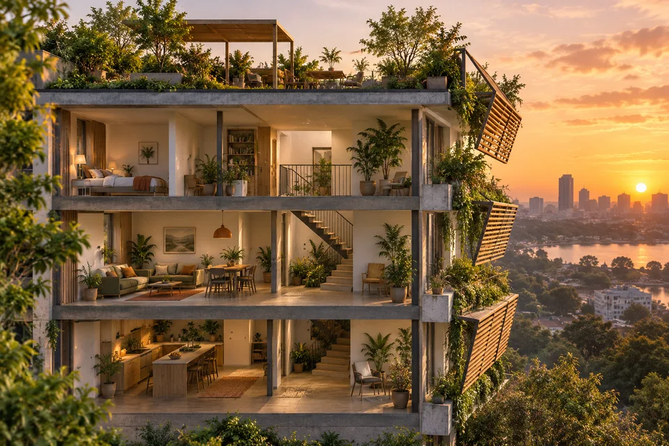 AI architectural illustration of an imagined apartment building exposed to summer sunlight