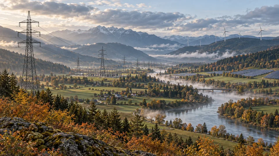 AI illustration of transmission lines and renewable generation across an imagined rural valley