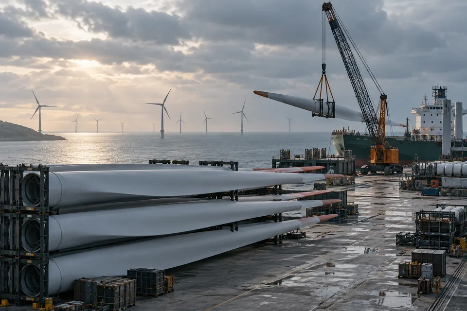 AI conceptual view of an imagined port assembling offshore wind components, not a photograph of Port Talbot