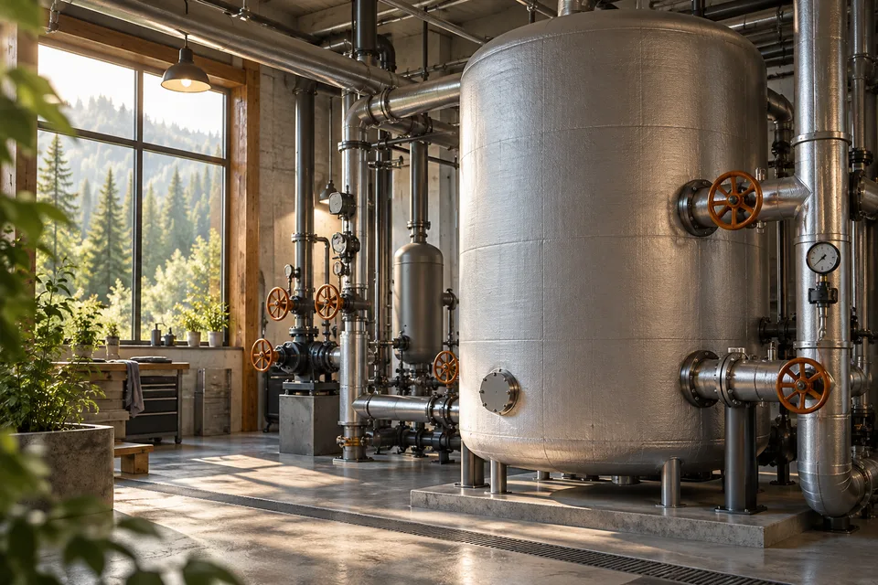 AI illustration of an imagined thermal storage installation with insulated pipes and tanks