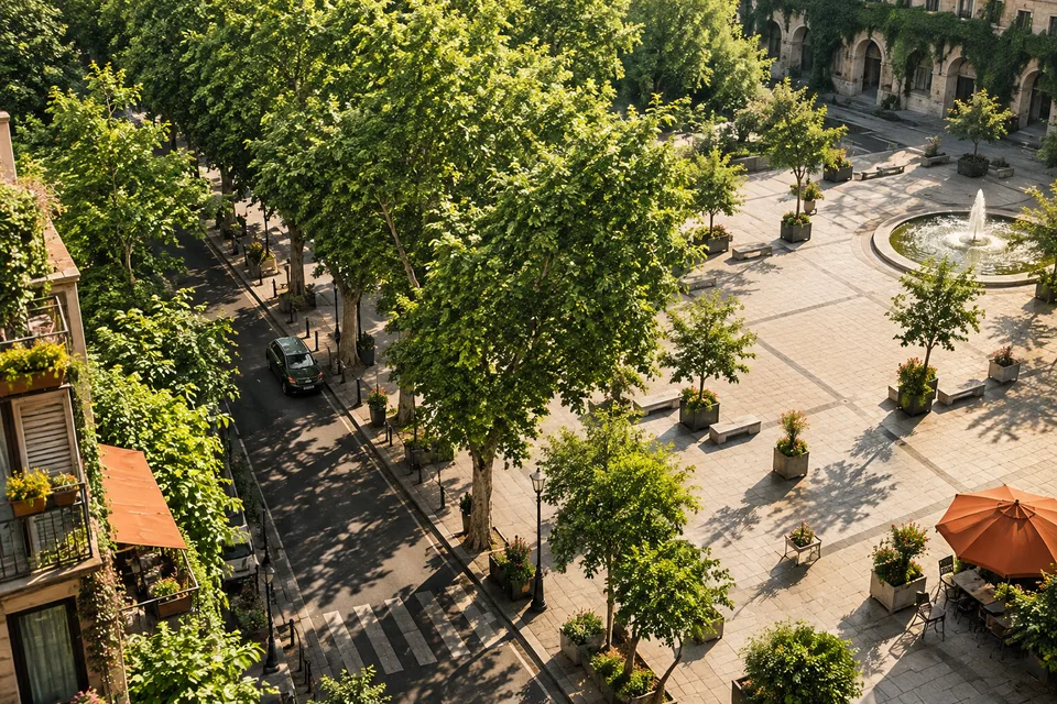 AI editorial illustration of tree shade crossing an imagined urban street and pedestrian route